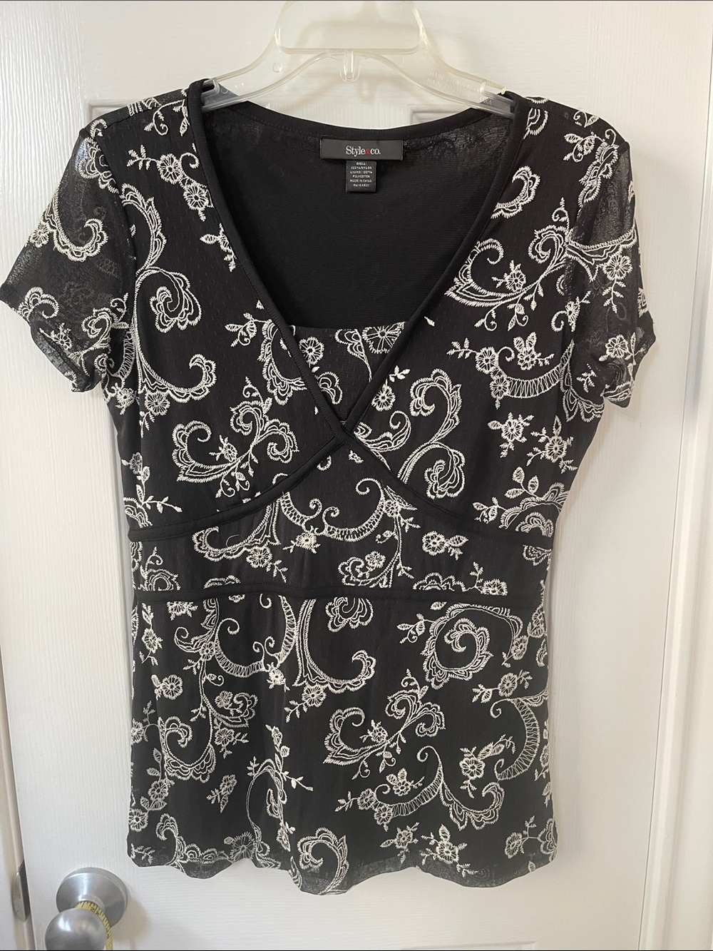 Style & Co. Black Top with White Floral Scroll Print